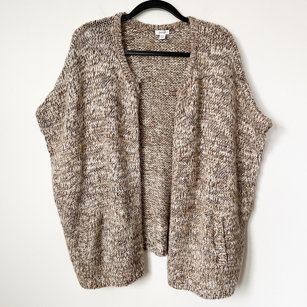 Pure Jill Chunky Knit Open Front Cardigan‎ Sweater Vest Wool Alpaca Beige S/M